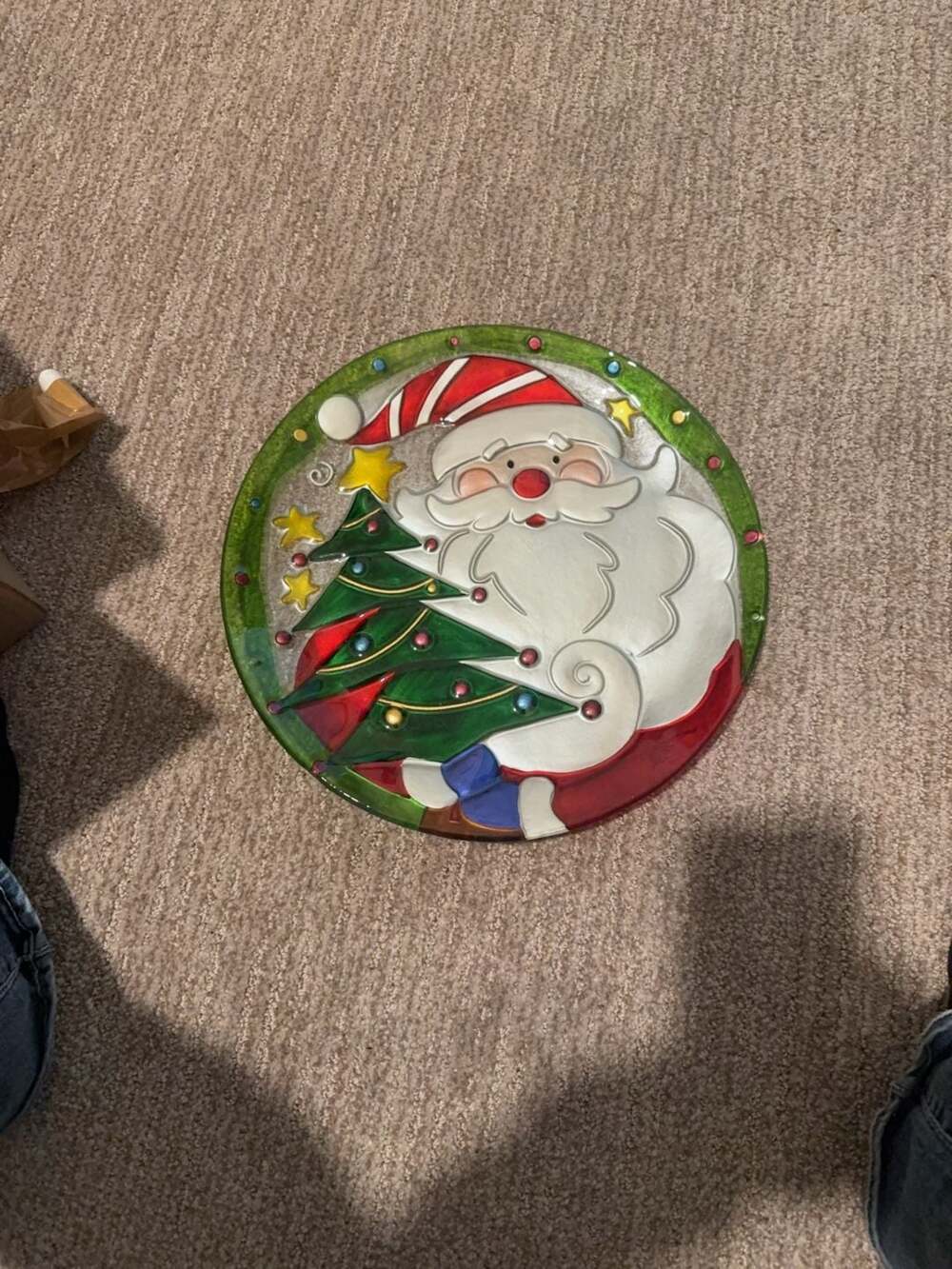 Houze Art Glass Santa Clause and Christmas Tree Round Decorative Platter